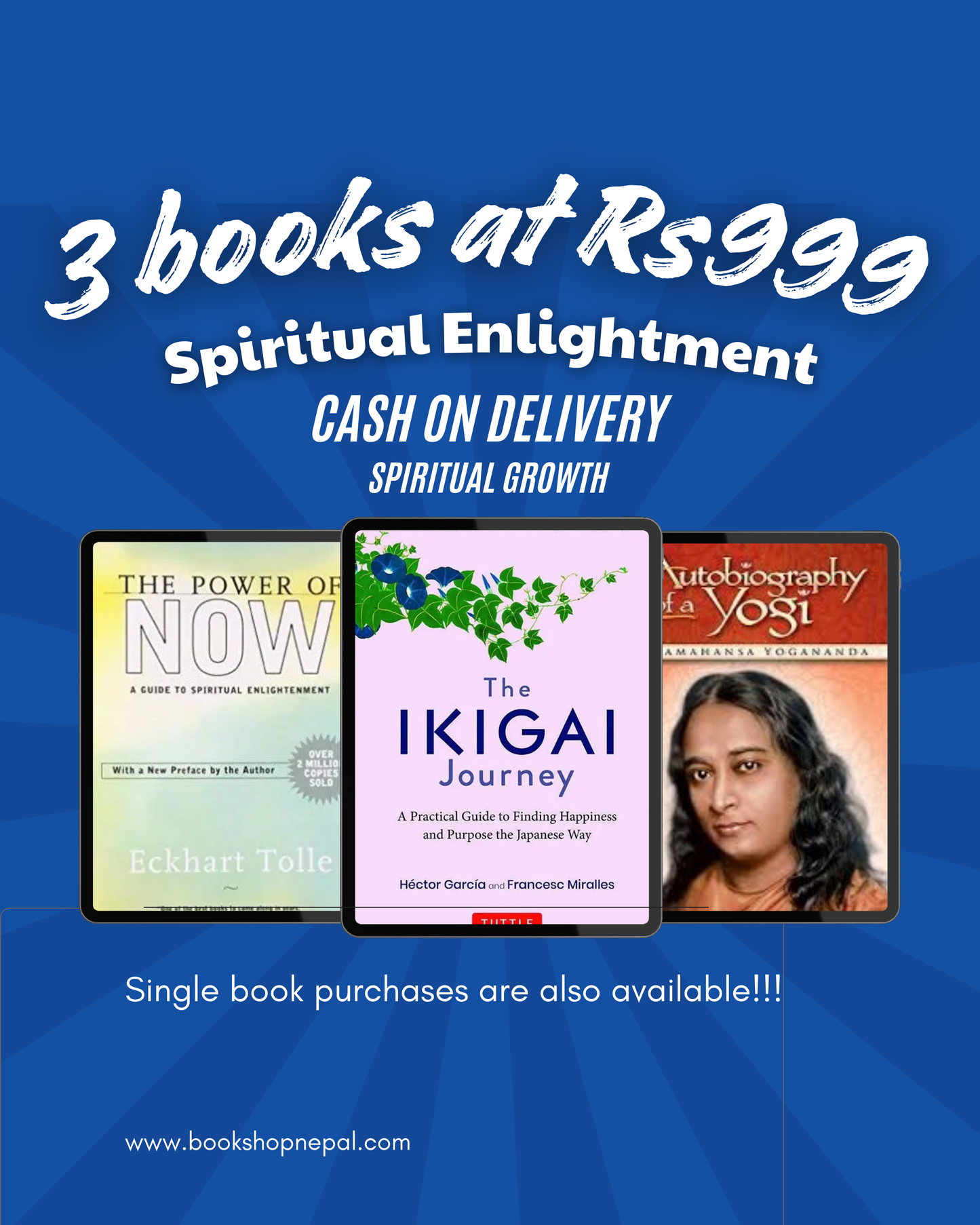 3 spiritual combo:The power of now+The ikigai journey+Auto biography of yogi