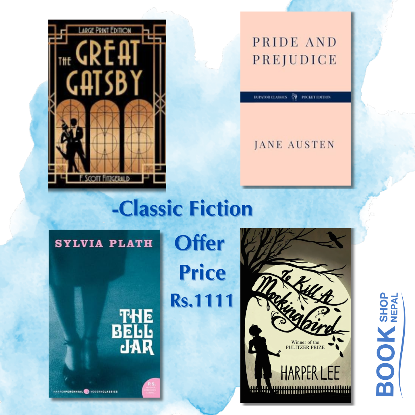 Classic Fiction combo Great gatsby-F.Scott Fitzgerald Pride and prejudice-Jane Austen The bell jar-Sylvia Path To kill a mocking bird-Hyper Lee