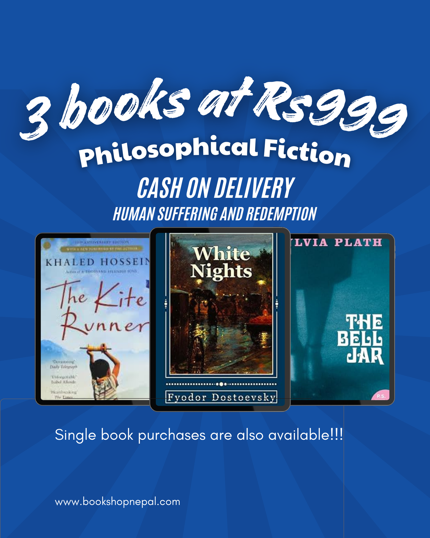 3 philosophical fiction combo:The kite runner+White night+The bell jar