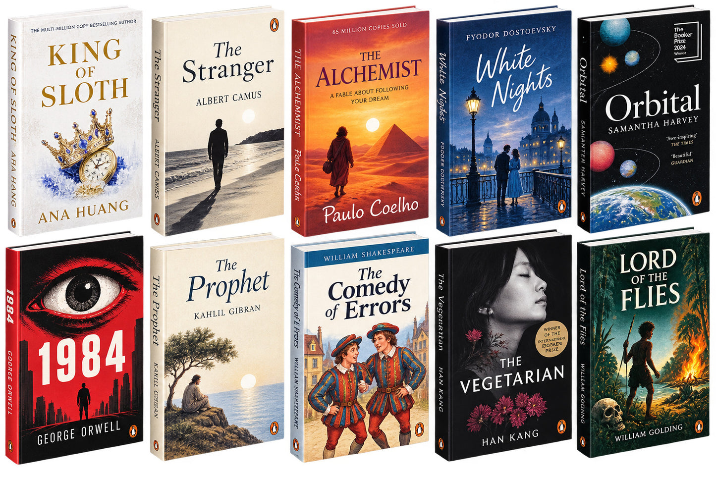 King of sloth + the stranger + Alchemist + white night (Fyodor Dostoevsky) + Orbital + 1984 + the prophet + comedy error + the vegetarian + Lord of flies — 10-Book Bundle — 10-Book Bundle