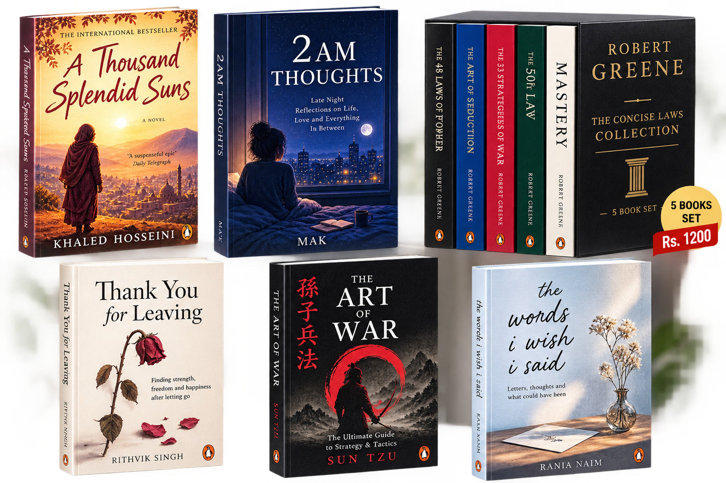 a thousand splendid Suns (Khaled hosseini) + 2am thoughts + Concise law of robert green(5 pc) : 1200 + Thank you for leaving + art of war + the words i wish i said — 6-Book Bundle — 6-Book Bundle