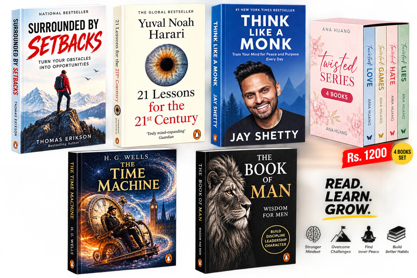 surrounded by setbacks + twisted series (4 pc): 1200 + 21 lesson of 21st century(S) + think like a monk (jay Shetty) + time machine + the book of man — 6-Book Bundle — 6-Book Bundle