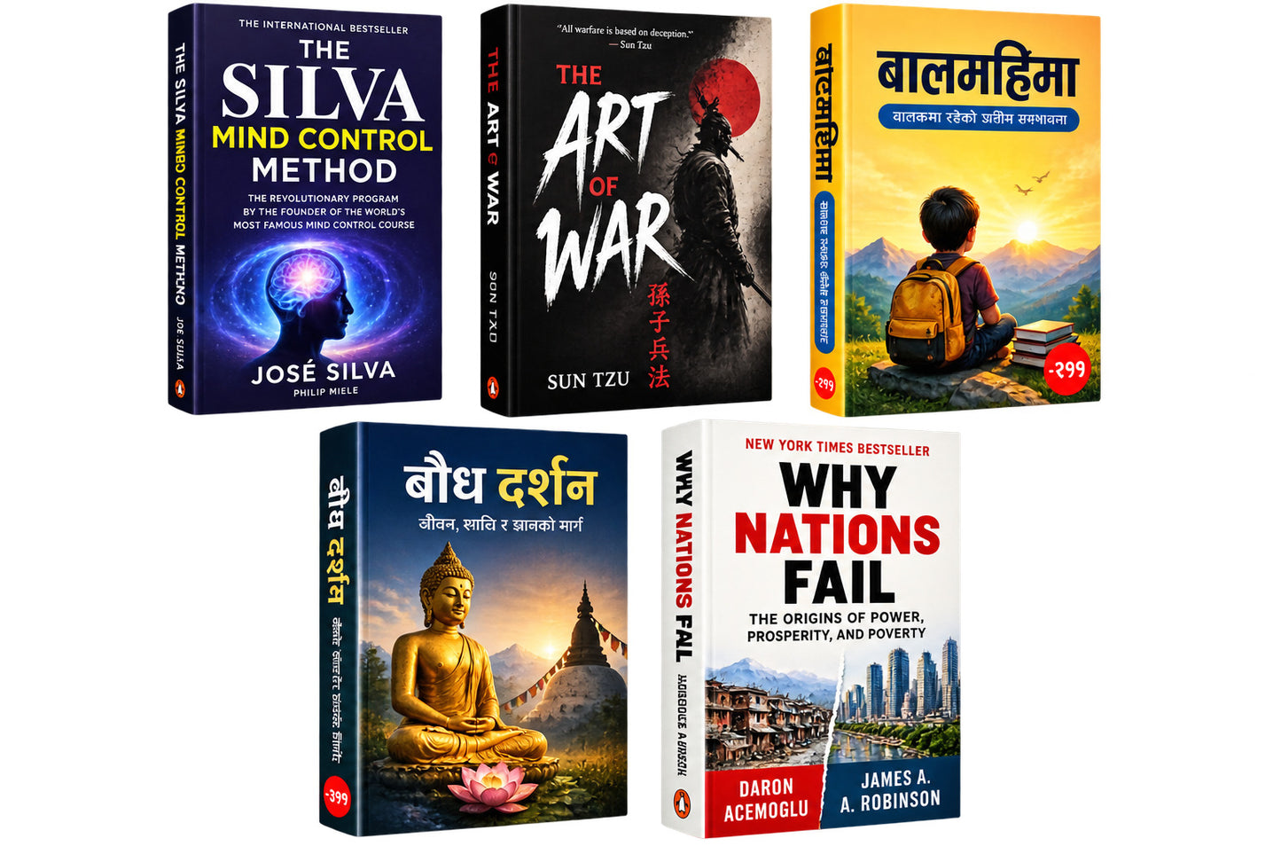The silva mind control method + Art of war(A) + बालमहीमा -२९९(balmahima) + बौध दर्शन -३९९(bouddha darshan) + why nation fails — 5-Book Bundle — 5-Book Bundle
