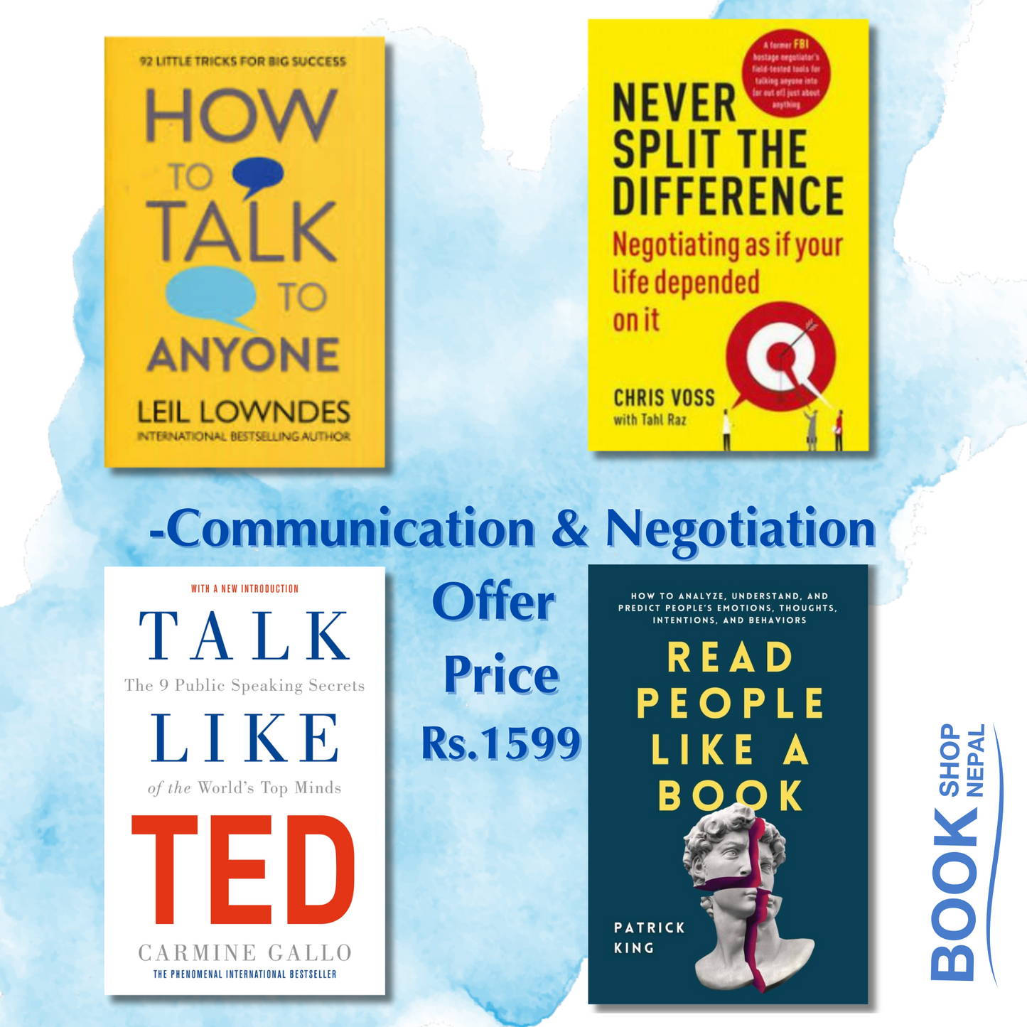 4 books to communication and negotiations combo How to Talk to Anyone+Never Split the Difference+Talk like Ted+Read People Like a Book