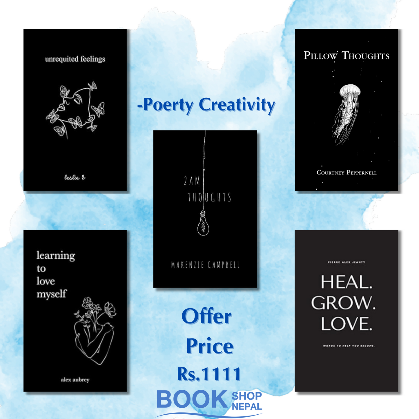 5 poetry books combo 2am Thoughts+Pillow Thoughts+Getting Over You+Learning to Love Myself+Heal. Grow. Love.