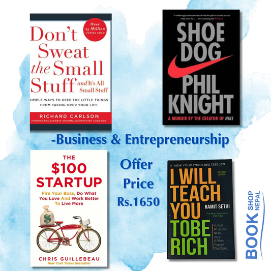 Business and Entrpreneurship combo Don't sweat the small stuff-Richard Carlson Shoe dog-Phil knight $100 Startup-Chris guillebeau and thomas vincent kelly I will teach you to be rich-Ramit Sethi