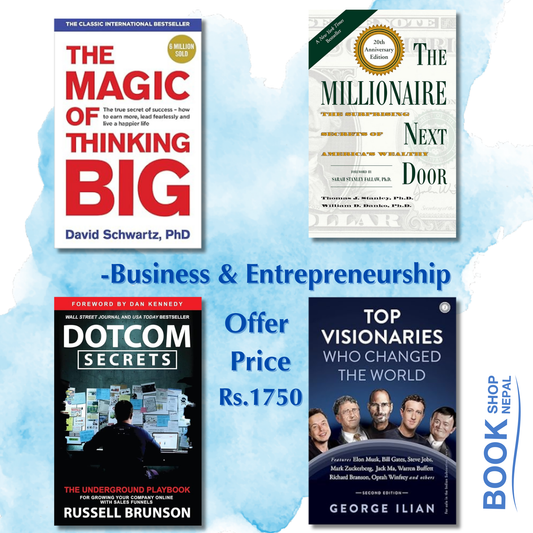 Business and Entrpreneurship combo The magic of thinking big-David Schwartz The millionaire next door-Thomas J.Stanley Dotcom secrets by Russell Brunson Top visionaries who changed the world-George Ilian