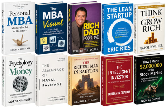 Personal MBA + The MBA visual + Rich dad poor dad + The Lean Startup + Think and grow rich + Psychology of money + the almanack of naval ravikant (Eric Jorgenson) + Richest man in the babylon + the intelligent investor (Benjamin graham) + How I Made $2,000,000 in the Stock Market — 10-Book Bundle — 10-Book Bundle