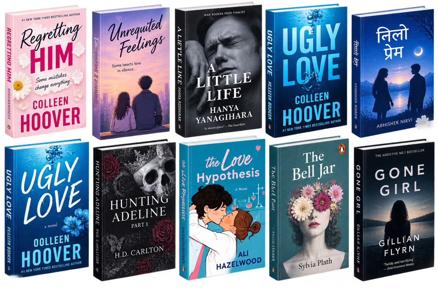 Regretting him + Unrequited feelings + a little life + ugly love . (Colleen Hoover) + nilo prem + ugly love . (Colleen Hoover) + hunting adeline part 1 + the love hypothesis by ali Hazelwood + Bell jar(A) + gone girl — 10-Book Bundle — 10-Book Bundle