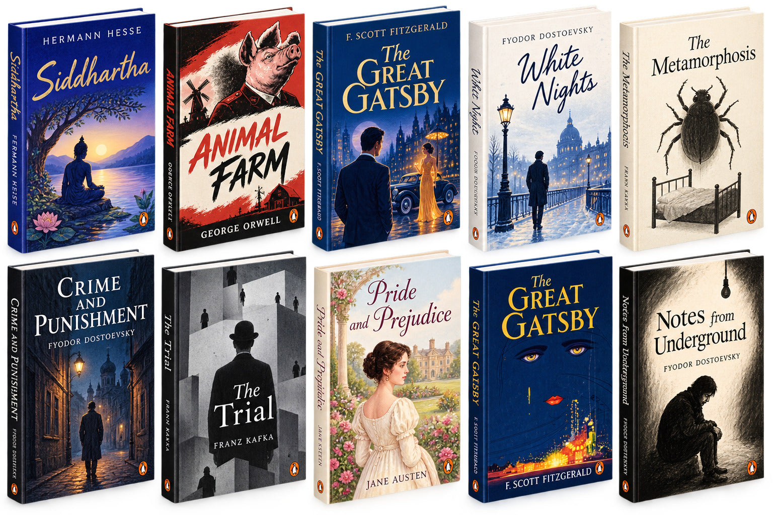 Siddhartha + animal farm + the great Gatsby (f . Scott Fitzgerald) + White night(A) + Metamorphosis(A) + crime and punishment + The trial by franz kafka + pride and judice (Jane Austen) + the great gatsby(M) + notes from underground (Fyodor Dostoevsky) — 10-Book Bundle — 10-Book Bundle