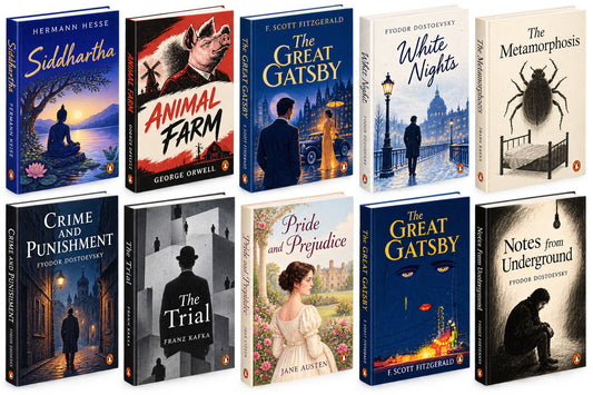 Siddhartha + animal farm + the great Gatsby (f . Scott Fitzgerald) + White night(A) + Metamorphosis(A) + crime and punishment + The trial by franz kafka + pride and judice (Jane Austen) + the great gatsby(M) + notes from underground (Fyodor Dostoevsky) — 10-Book Bundle — 10-Book Bundle
