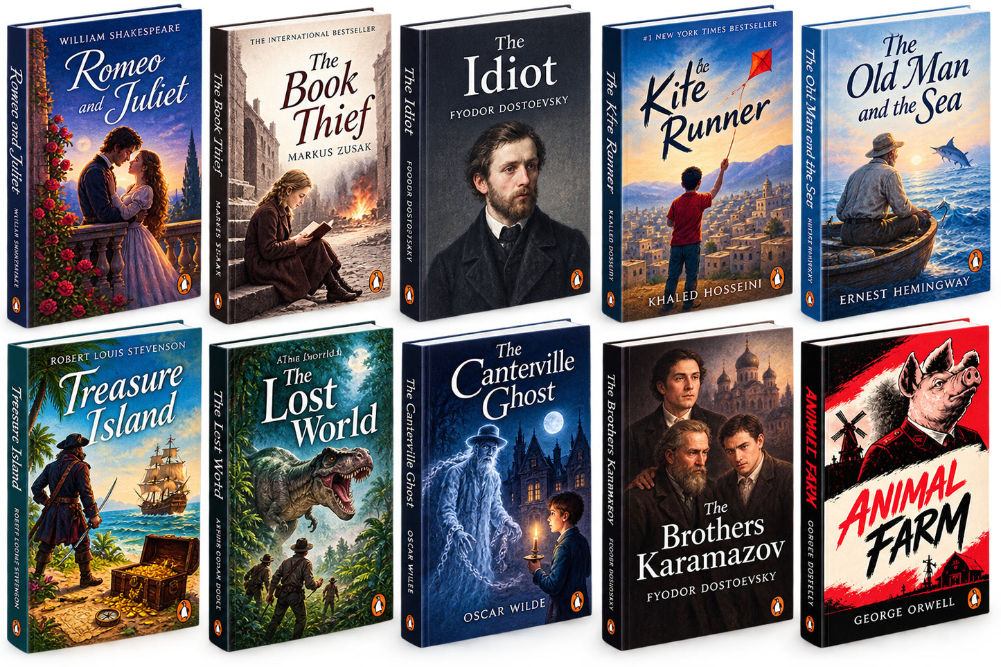 romeo juliet + book thief by Marcus zusak + The idiot + the kite runner (Khaled hosseini) + Old man and sea Earnest Hemingway + treasure island + The lost world + The cantervile ghost + the brother kramazov + Animal farm(a) — 10-Book Bundle — 10-Book Bundle