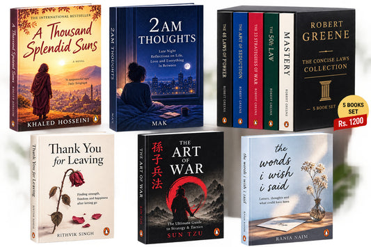 a thousand splendid Suns (Khaled hosseini) + 2am thoughts + Concise law of robert green(5 pc) : 1200 + Thank you for leaving + art of war + the words i wish i said — 6-Book Bundle — 6-Book Bundle