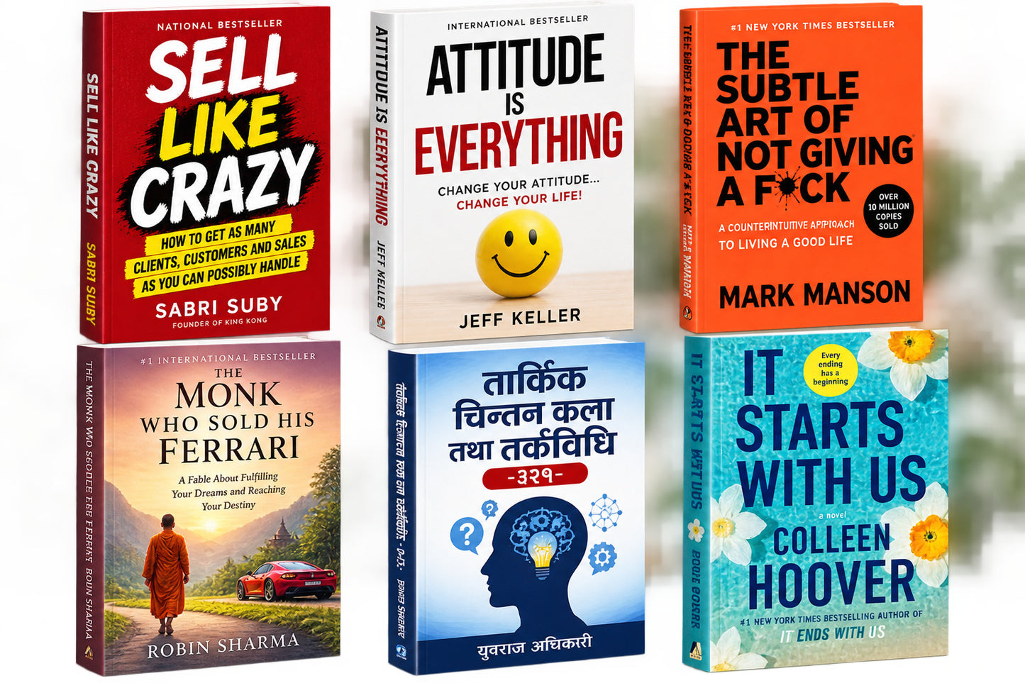 sell like crazy (S) + attitude is everything + Subtle art of not giving f\*\*k + The monk who sold his Ferrari + तार्किक चिन्तन कला तथा तर्क्बिधि -३२९(tarkik chintan) + it start with us (Colleen Hoover) — 6-Book Bundle — 6-Book Bundle