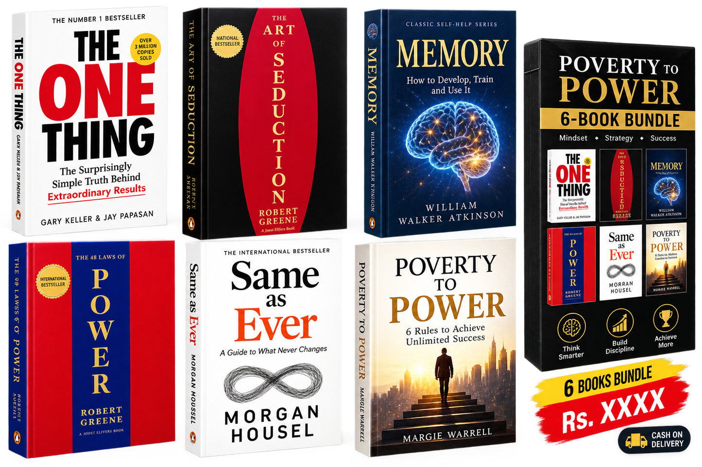 the one thing (s) + art of seduction large + memory (William walker Atkinson) + the 48 laws of power (Robert Greene) + same as ever + Poverty to power — 6-Book Bundle — 6-Book Bundle