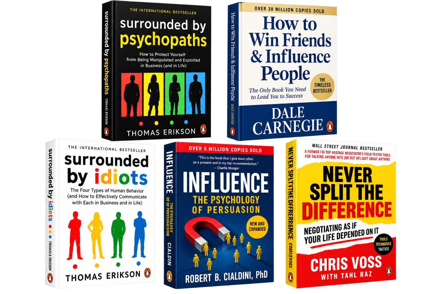 surrounded by psychopaths + How to win friends and influence people(A) + surrounded by idiots + Influence + never split the difference (Chris Voss) — 5-Book Bundle — 5-Book Bundle
