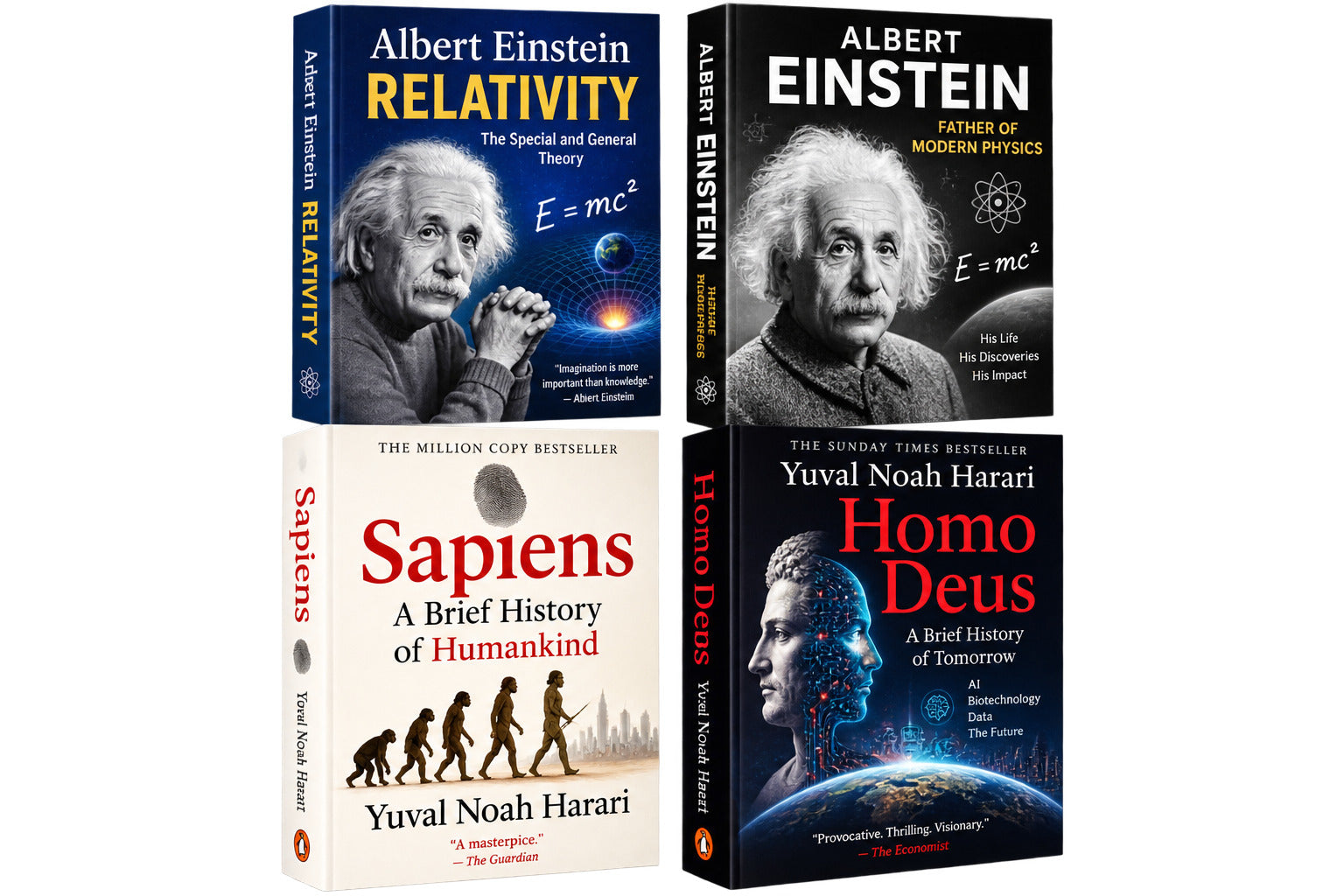 Albert Einstein relativity + sapiens (Yuval Noah harari) + albert einstein father of modern physics + homodeus — 4-Book Bundle — 4-Book Bundle