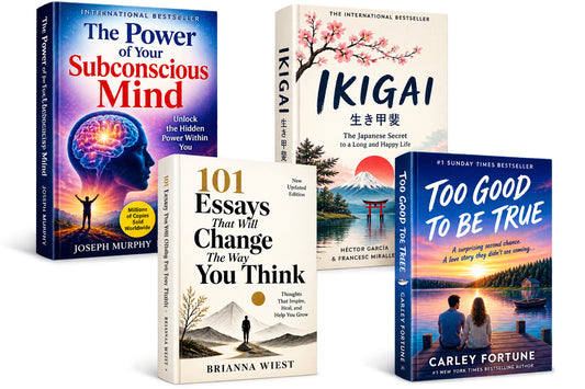 Power of subconscious mind + 101 essay that will change the way you think (Brianna wiest) + ikigai hardcover + too good to be true — 4-Book Bundle — 4-Book Bundle