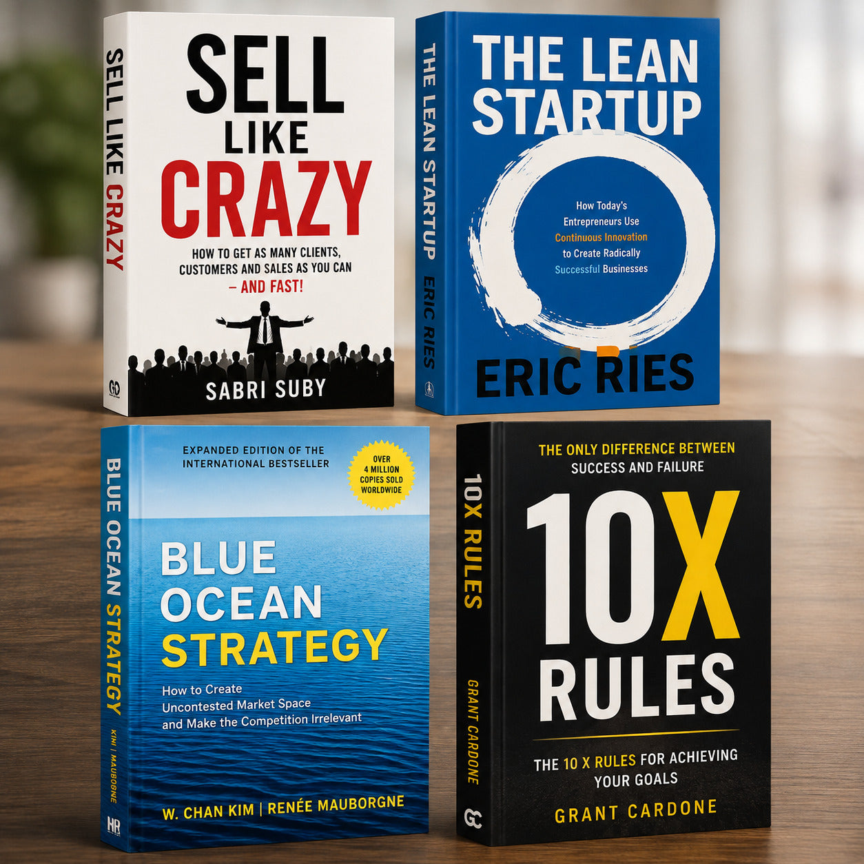 Sell Like Crazy, The Lean Startup, Blue Ocean Strategy and 10X Rules business book bundle