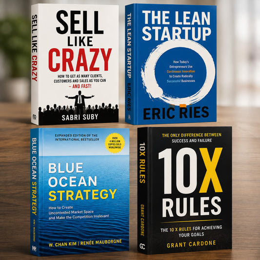 Sell Like Crazy, The Lean Startup, Blue Ocean Strategy and 10X Rules business book bundle