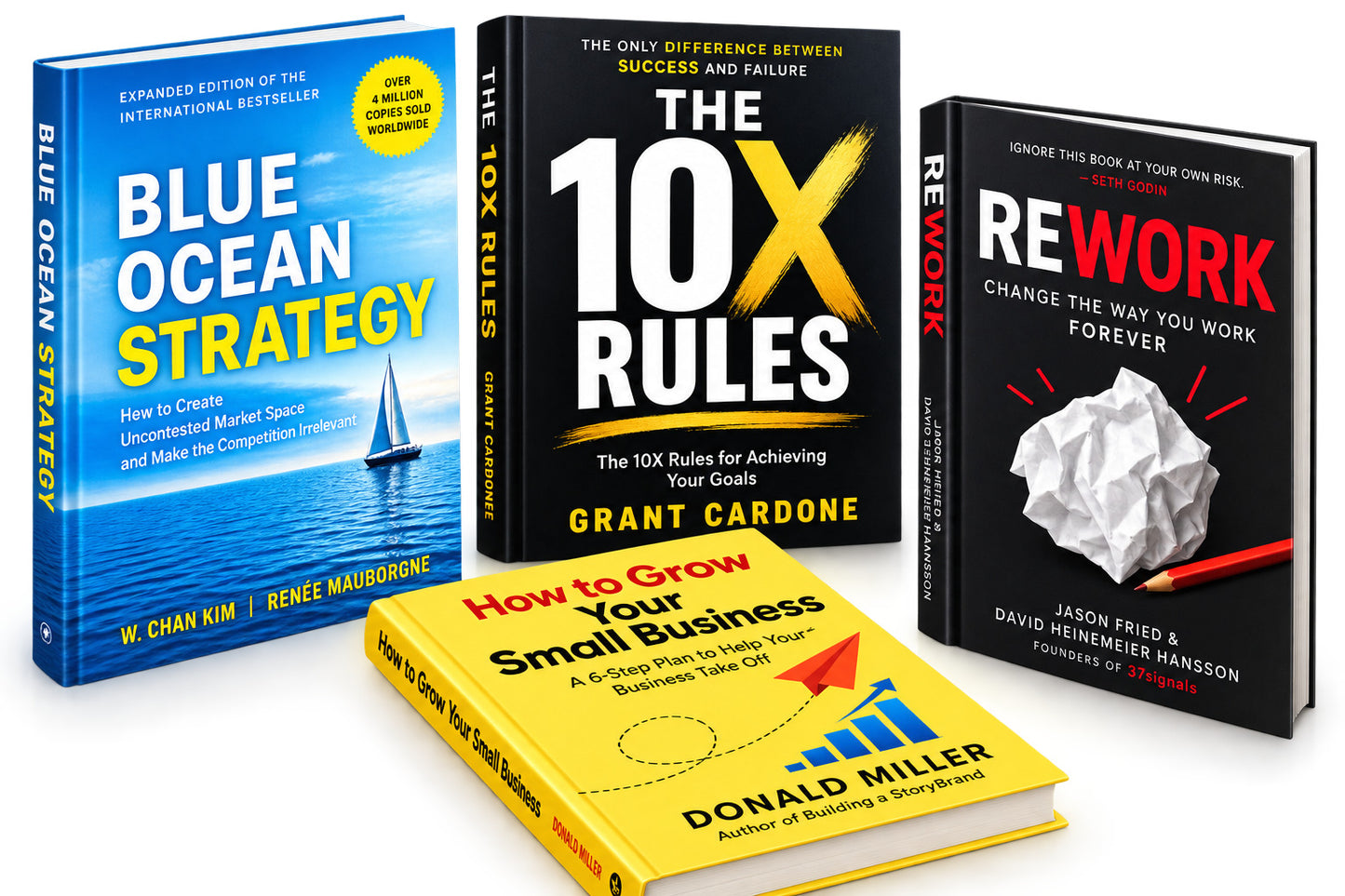 Blue Ocean Strategy, 10X Rules, Rework and How to Grow Your Small Business book bundle