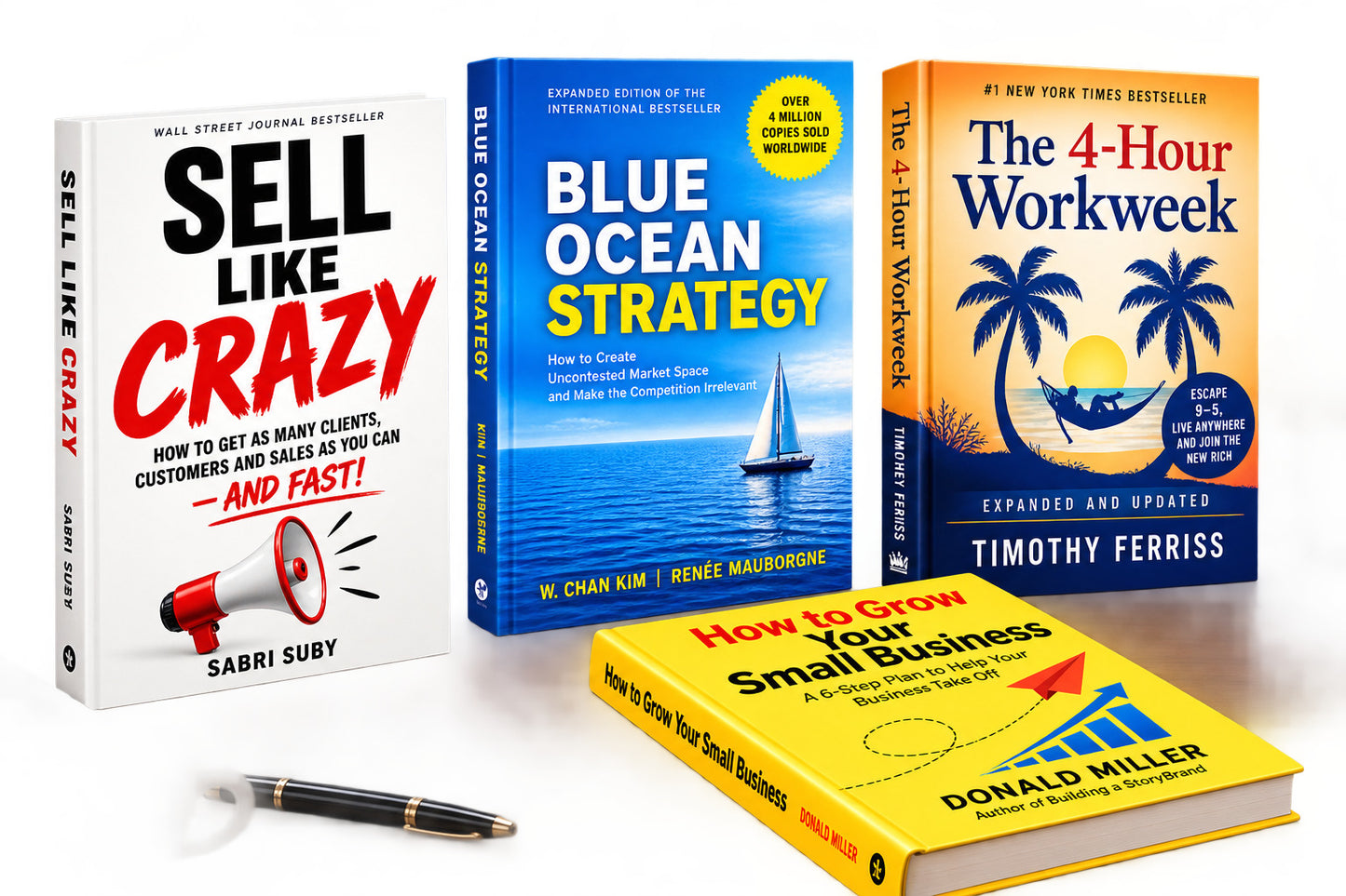 Sell Like Crazy, Blue Ocean Strategy, The 4-Hour Workweek and How to Grow Your Small Business book bundle